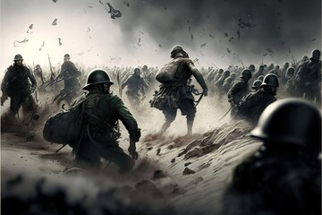 Multitude of soldiers desperately fighting in no man's land, world war scenery created with generative ai technology