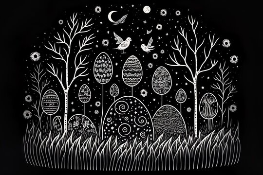 Black and white Easter image featuring an nighttime landscape with trees, grass, birds, eggs, and stars. (Generative AI)