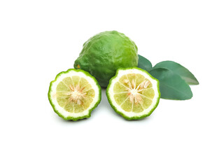 Fresh organic kaffir lime green The cut into pieces, rough skin, bergamot has many uses commonly used as a shampoo Or kaffir lime skin can be used as an ingredient in food put on a white background.