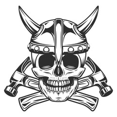 Skull with viking helmet and crossed hammer business builder from new construction and remodeling house illustration
