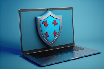 Antivirus shield on laptop screen, blue background. Generative AI