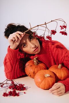Autumn portrait of woman in warm sweater