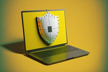 Antivirus shield on laptop screen, yellow background. Generative AI