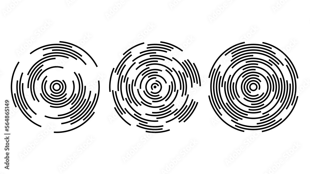 Poster Concentric circle segments set. Rippled round patten background. Sonar or sound wave rings collection. Epicentre, target, radar icon concept. Radial signal or vibration elements. 