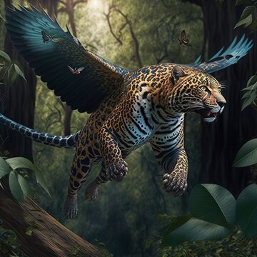 Jaguar con alas volando entre la selva inspirado por el alebrije de la pelicula coco