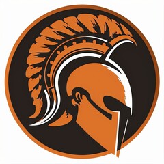 Spartan helmet emblem illustration in orange circle, logo, white background. Generative AI - obrazy, fototapety, plakaty