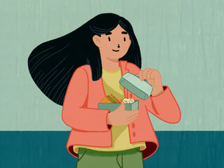 Woman opening lunch box with food