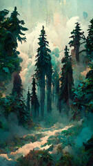 Panorama of foggy forest. in a misty day illustration Generative AI Content by Midjourney