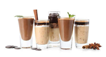 Shots of various pudding with chocolate, cinnamon and mint isolated on white background