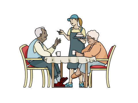 Waitress talking with elderly couple