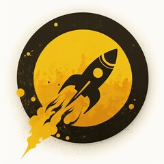 Logo illustration, rocket in yellow circle, white background. Generative AI
