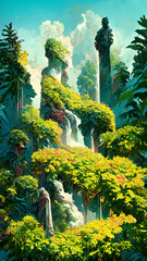 statues summer landscape with tropical forest illustration Generative AI Content by Midjourney