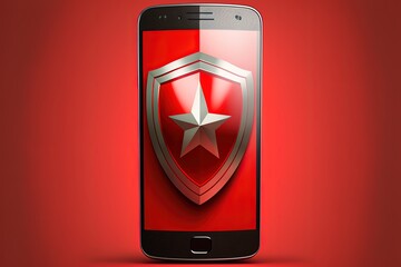 Illustration of antivirus shield on smartphone screen on red background. Generative AI