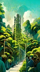 Fotobehang Sustainable Development of Bamboo Tunnel Afforestation illustration Generative AI Content by Midjourney © simon