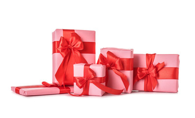 Pink gift boxes with red ribbon on white background. Valentine's Day celebration