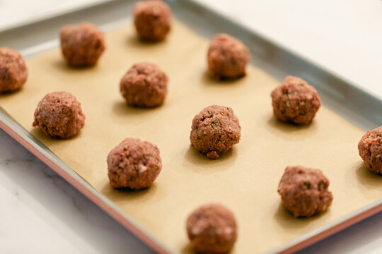 Meatless Meatballs Arranged on Baking Sheet