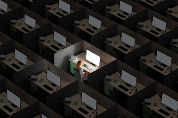 3D work concept - woman on desk looking at computer screen