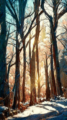 winter forest in the sunny morning illustration Generative AI Content by Midjourney