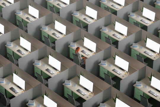 3D work concept - woman on desk looking at computer screen