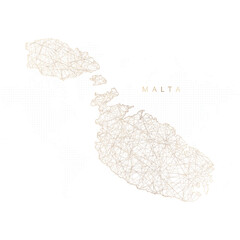 Low poly map of Malta. Gold polygonal wireframe. Glittering vector with gold particles on white background. Vector illustration eps 10.