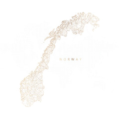 Low poly map of Norway. Gold polygonal wireframe. Glittering vector with gold particles on white background. Vector illustration eps 10.