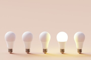 Many light bulbs on a pastel background. Concept 3d illustration.