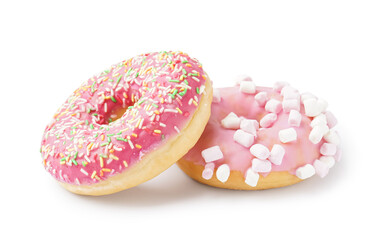 Tasty glazed donuts on white background