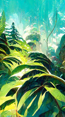 Rainforest forest in the sunny morning illustration Generative AI Content by Midjourney