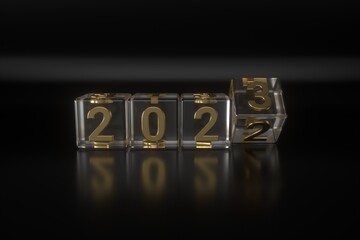 2022 to 2023 new year concept transition with glass and gold cubes.