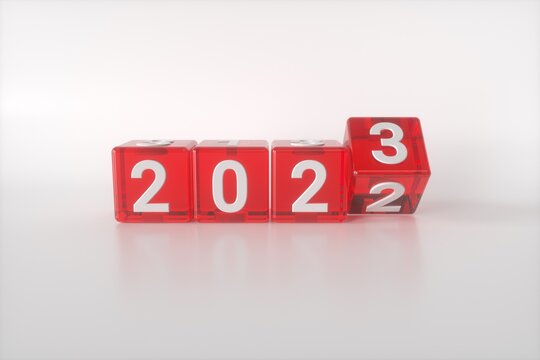 2022 to 2023 new year concept transition with red dices or cubes.