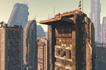 Woman looks over future city