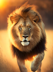 Lion running in action on the field grass with sunset ligth, Generative AI
