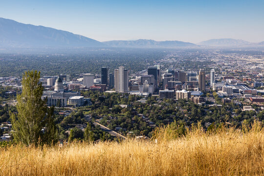 Salt Lake City Utah City Skyline and golden grass 