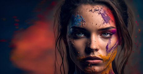Model portrait with holi festival concept, paint colorful powder on her face. Generative AI