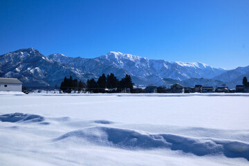 Sunny snow country town and snow scene, Niigata, Japan