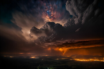 Thunderstorm heap clouds far from a distance above the night city.