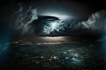 Dramatic and powerful tornado. Lightning thunderstorm flash over the night sky. Concept on topic weather, cataclysms (hurricane, Typhoon, tornado, storm). Stormy Landscape. 