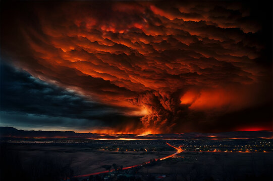 Red storm clouds far from a distance above the night city.