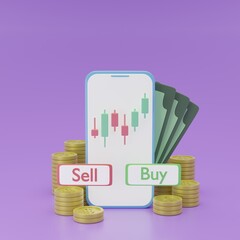 3d Online trading stock graph, forex or crypto currency bitcion candlestick charts with buy sell button on smartphone screen. investment funding business concept.