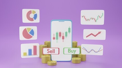 Fototapeta premium 3d Online trading stock graph, forex or crypto currency bitcion candlestick charts with buy sell button on smartphone screen. investment funding business concept.