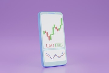 3d Online trading stock graph, forex or crypto currency bitcion candlestick charts with buy sell button on smartphone screen. investment funding business concept.