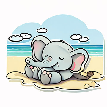Ein kleiner süßer Elefant der am Strand in der Sonne relaxt Sticker - mit AI erstellt 