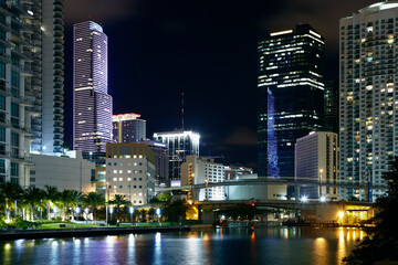 Miami skyline night view, water canals
