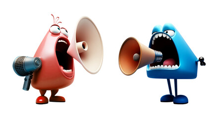 Two characters shout at each other through a megaphone. The concept of conflict. Emotionally negative situation. Bad news. Quarrel between man and woman