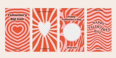 Happy Valentines Day greeting cards. Social media ig stories templates for digital marketing and sales promotion. Vertical banners or flyer with trendy retro style typography. Vector illustration.