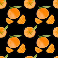 Watercolor citrus seamless pattern. Tangerine watercolor Summer fresh watercolor pattern with citrus on black background. Digital paper hand drawn illustration