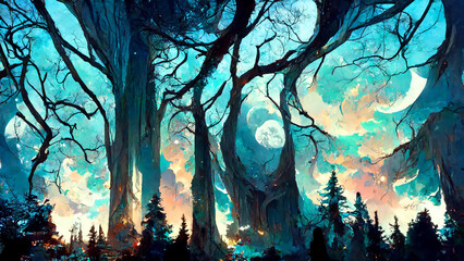 Fototapeta premium Forest at night illuminated by moonlight illustration Generative AI Content by Midjourney