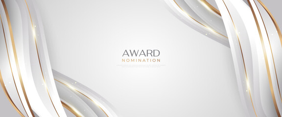 Luxurious and Elegant White and Gold Wavy Background with Golden Lines and Glowing Light. Can be Used for Award, Banner, Card, Nomination, Ceremony, Formal Invitation or Certificate Design