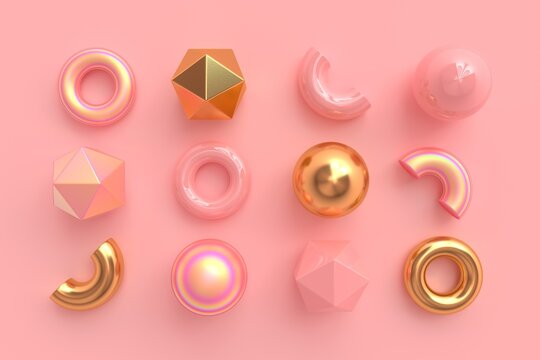 Set of abstract minimal 3d geometric shapes with different materials.