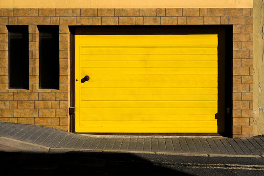 Yellow garage door.